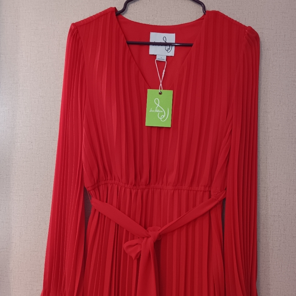 Sam Edelman Chiffon V-Neck Long Sleeve Pleated A-Line Midi Dress In Color Red - Picture 3 of 5